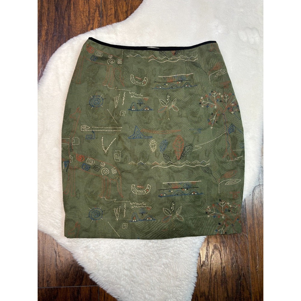 Anthropologie Meadow Rue Pencil Skirt 4 Olive Green Embroidered Women's